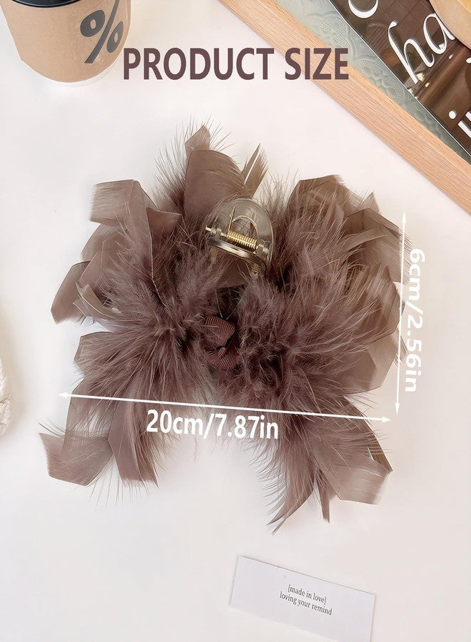 Rannyrena Large Bow Chiffon Silk Hair Clips for Women Pearl Mesh Bubble Hair Barrettes for Thick Thin Hair Elegant Feather Claw Clips Hair Accessories (Feather Brown) - Image 4
